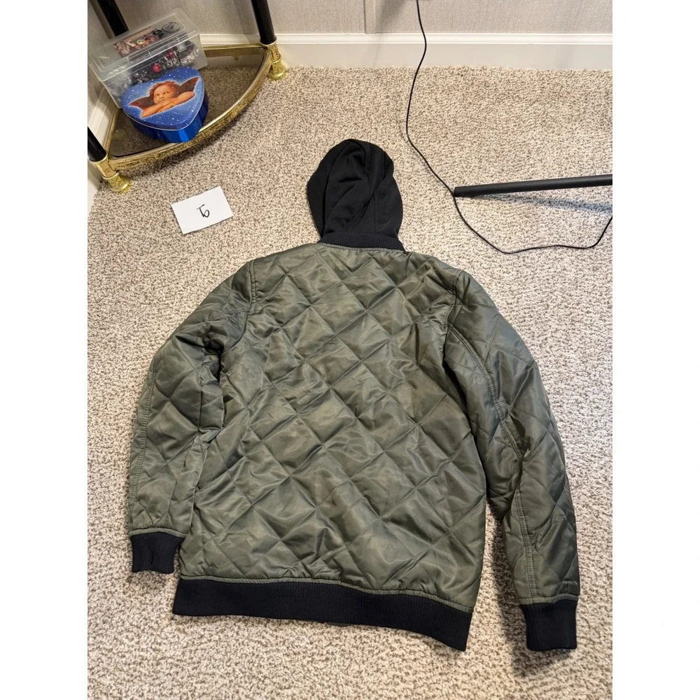 Capsule boys Olive Green Quilted Bomber Jacket Black Hooded Full Zip Large